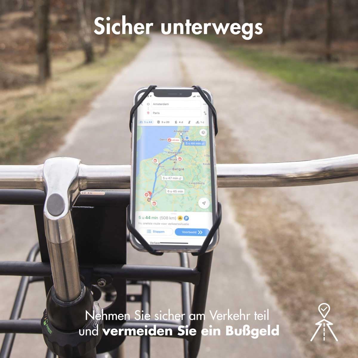 Smartphone displaying a navigation map while mounted on a bicycle handlebar