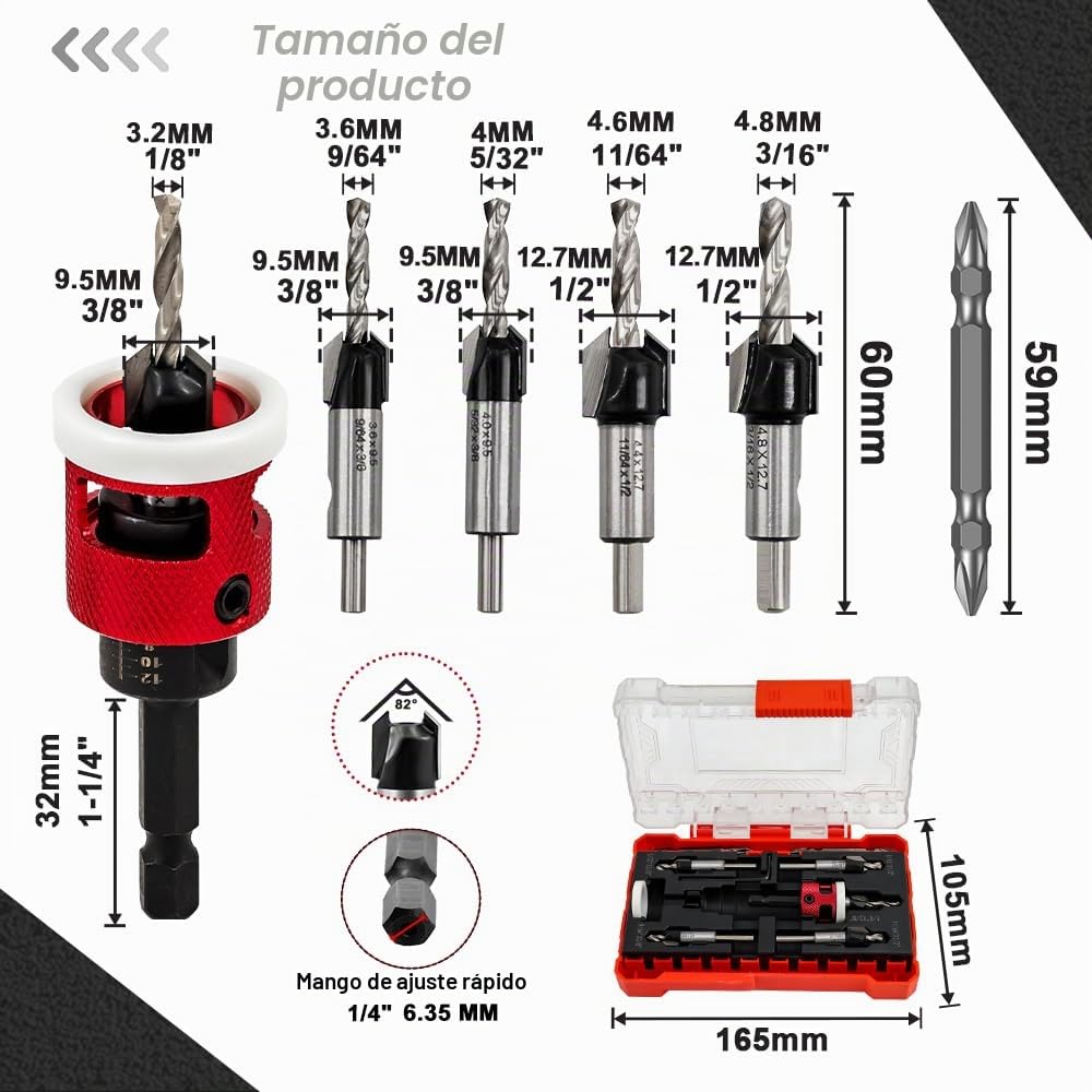 Juego de 5 Brocas Avellanadoras con Tope de Profundidad Baja Fricción - FOCSTOL 3,2/3,6/4/4,4/4,8mm Broca Avellanadora con Punta Carburo de 82 Grados para Madera, Plástico