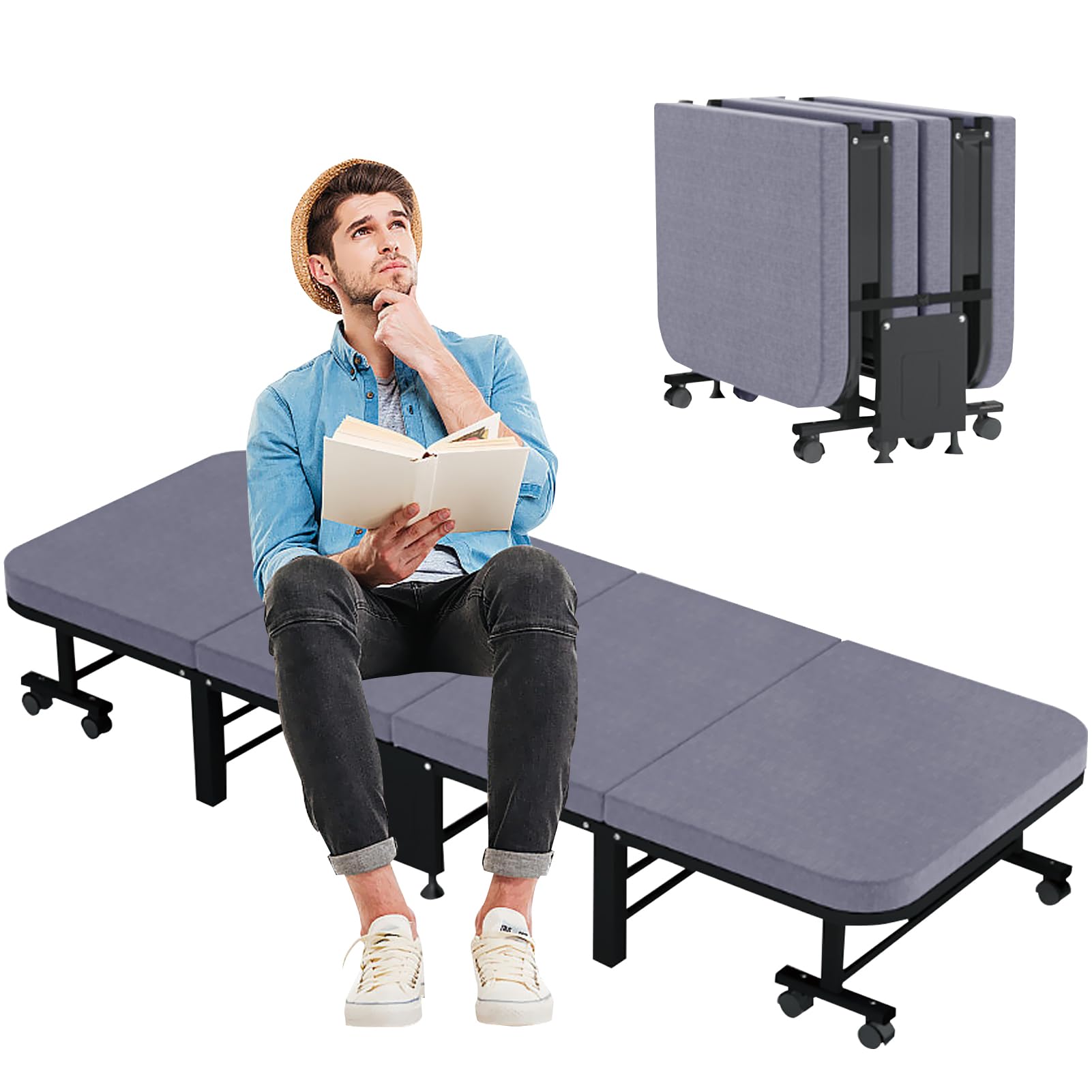 Beauenty Folding Bed with Comfortable Latex Mattress, Water-resistant Cover, 4-Fold 190CM Metal Frame Beds, Foldable Rollaway Beds with 8 Wheels for Office, Home, Bedroom (60CM Wide)