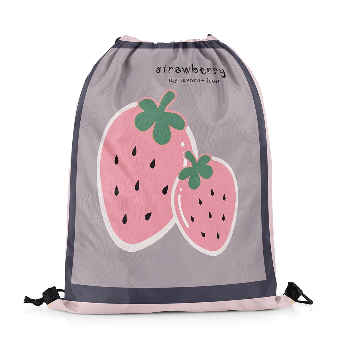 Homewish Pink Strawberry Drawstring Backpack Cute Strawberry Print Drawstring Bags 33 x 40 cm Grey Black and Pink Draw String Back Bag Kawaii Sweet Fruit theme Reversible String Backpack