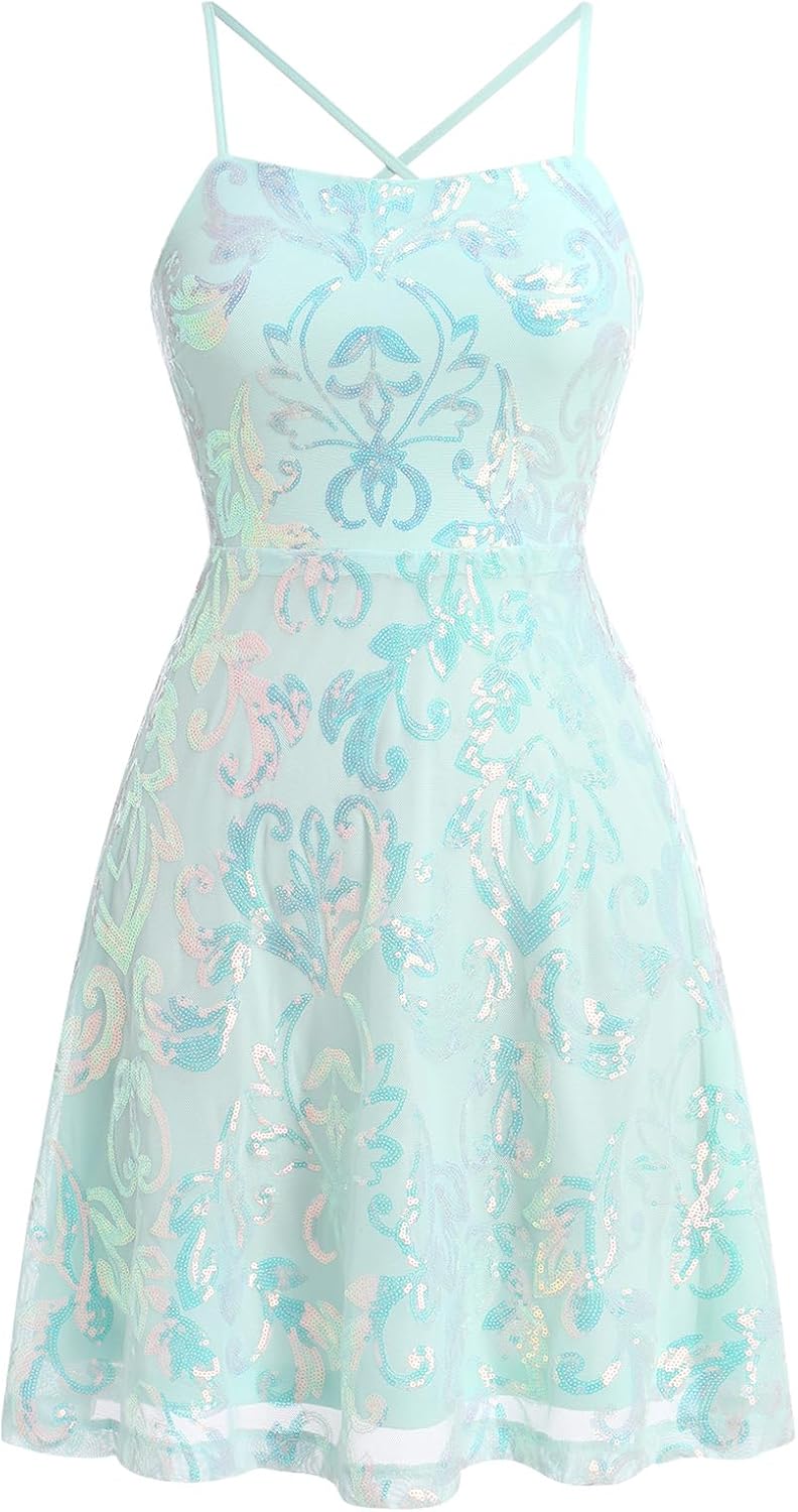 ODIZLI Women's Spaghetti Straps Sparkly Sequins A Line Swing Party Nightclub Dance Mini Dress Above Knee Length - Image 3