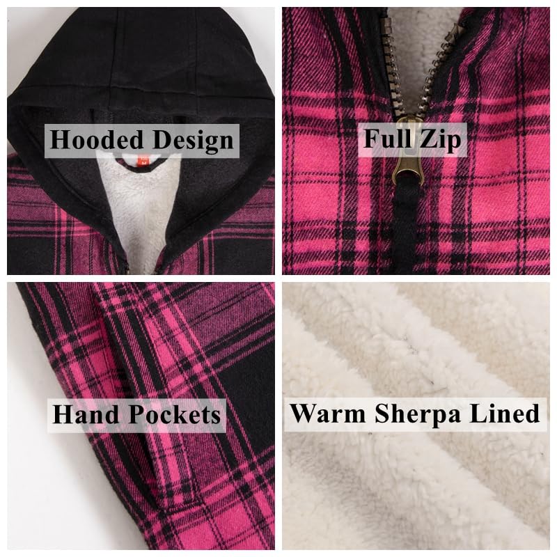 ThCreasa Unisex Toddler Boys Girls Plaid Zip Up Flannel Hooded Jacket Sherpa Lined Shacket with Hand Pockets4