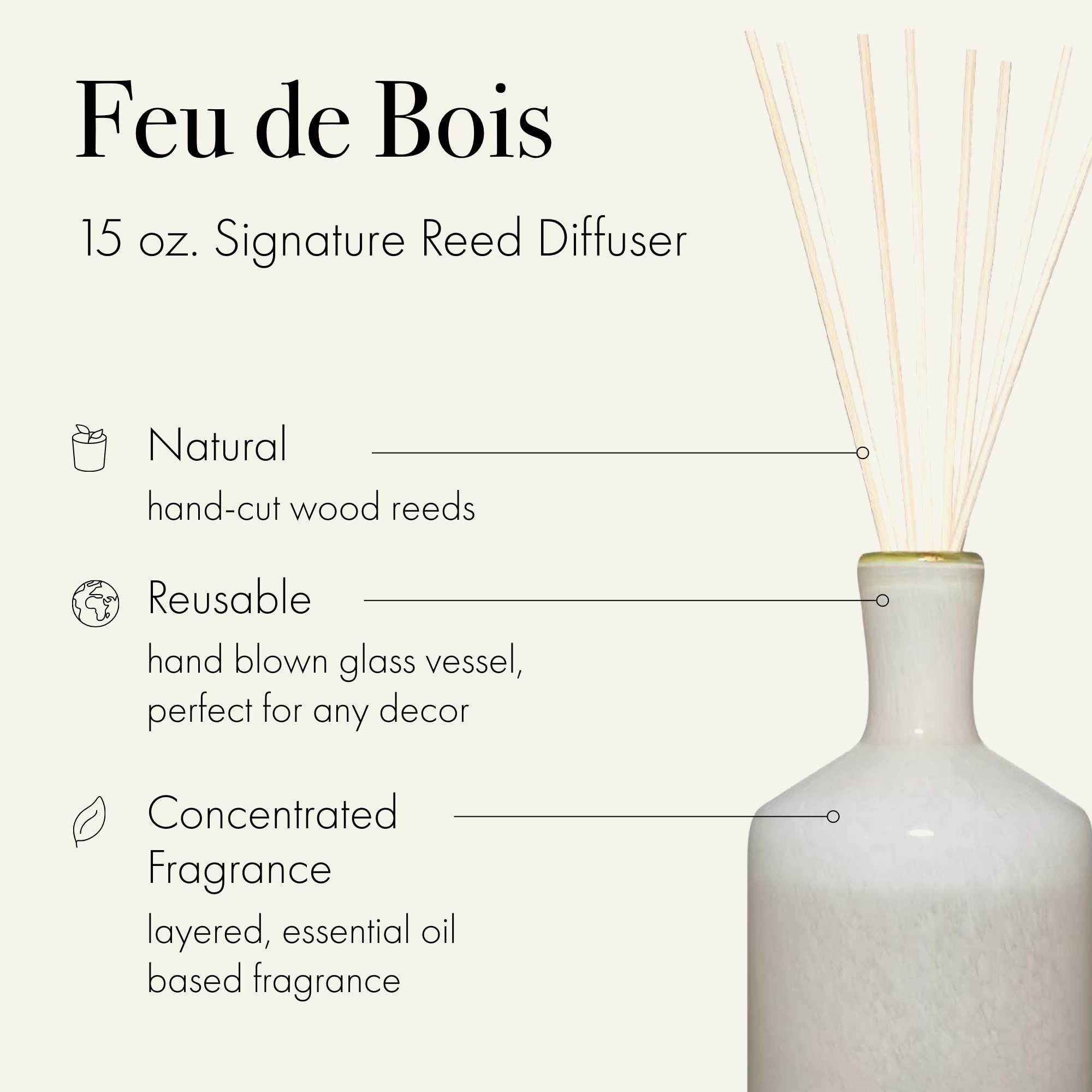 LAFCO New York Signature Reed Diffuser, Feu de Bois - 15 oz - Up to 9 Months Fragrance Life - Reusable, Hand Blown Glass Vessel - Natural Wood Reeds - Made in The USA
