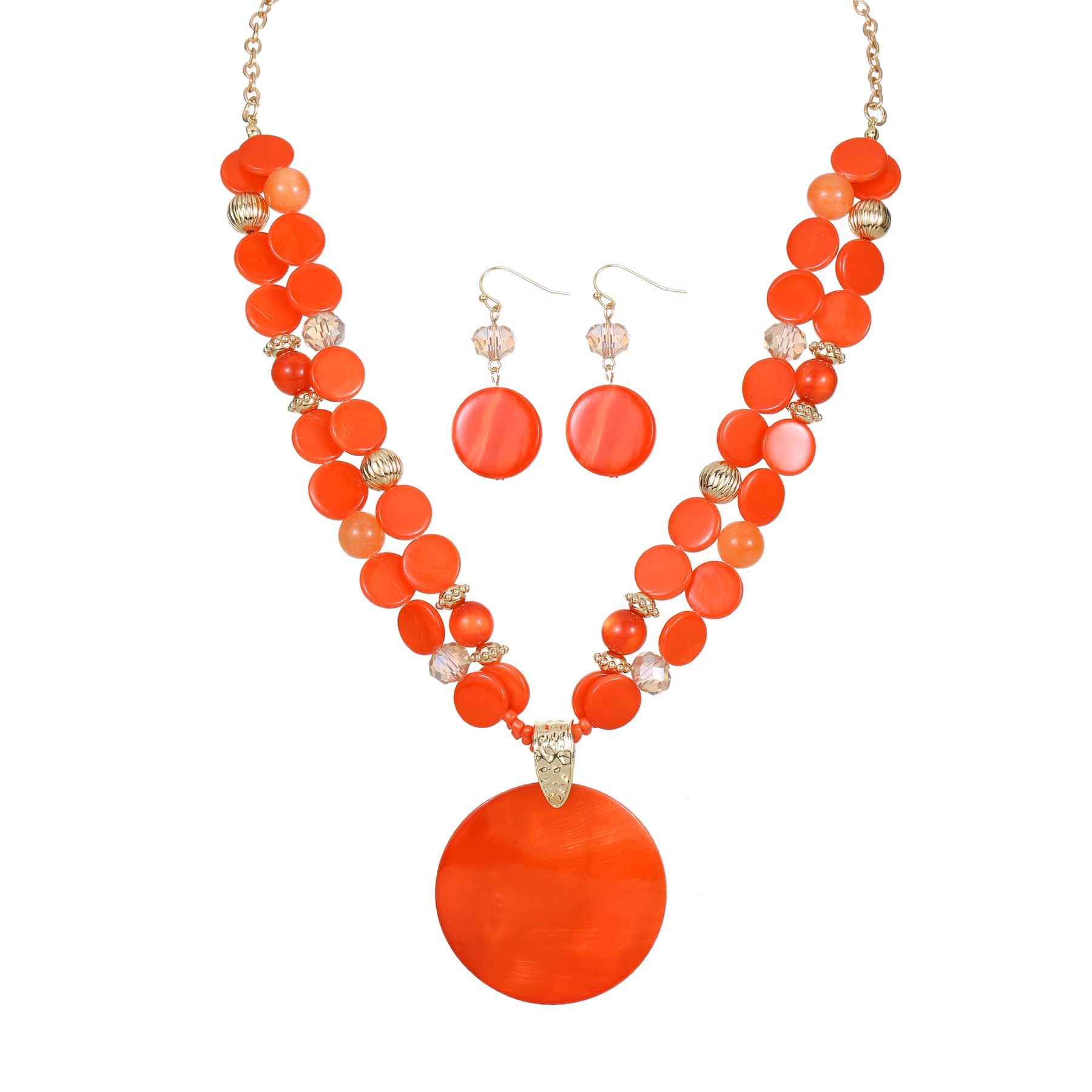 Xalroco Layered Beads Statement Fashion Necklace Chunky Jewelry Set Big Colorful Glass Stone Circle Shell Pendant Choker Necklace and Earring Set for