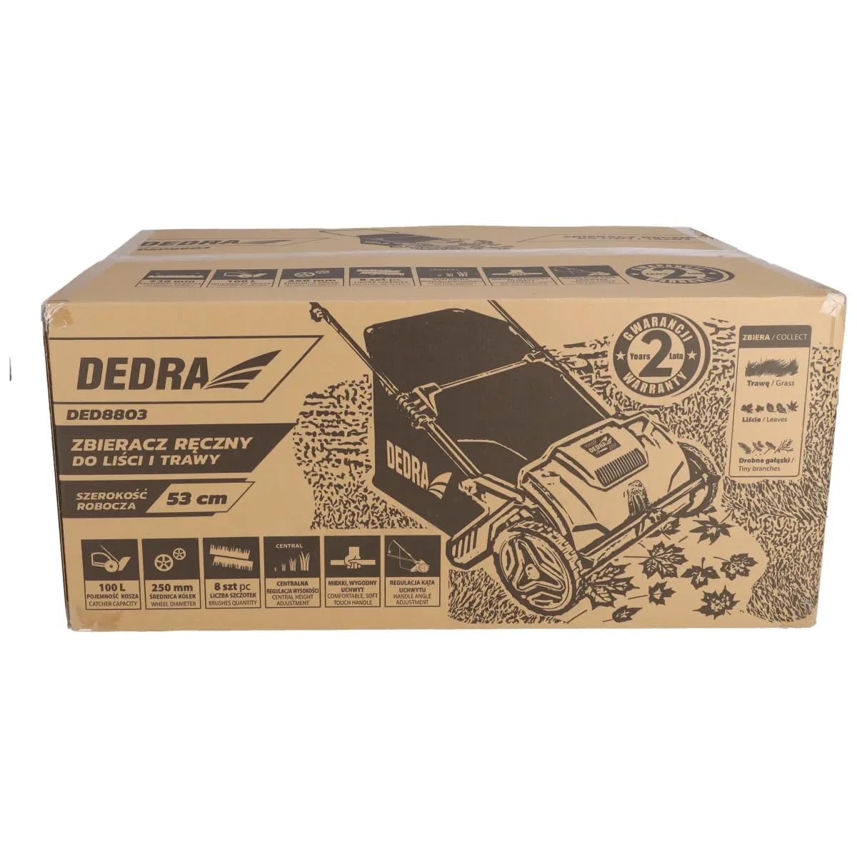 Barredora de césped Manual, recogedor de Hojas y césped Dedra, Ancho de Recogida de 530 mm, Saco de 100 l, Ruedas robustas de 250 mm, Ligero y manejable 7 kg, Manillar Ajustable