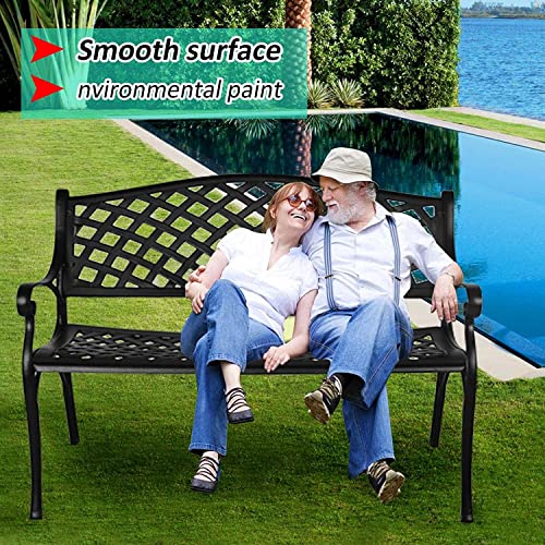 Grepatio Outdoor Patio Garden Bench All-Weather Cast Aluminum Loveseats Park Yard Furniture Porch Chair Work Entryway Decor W/Checkered Design(Black) #TOP5