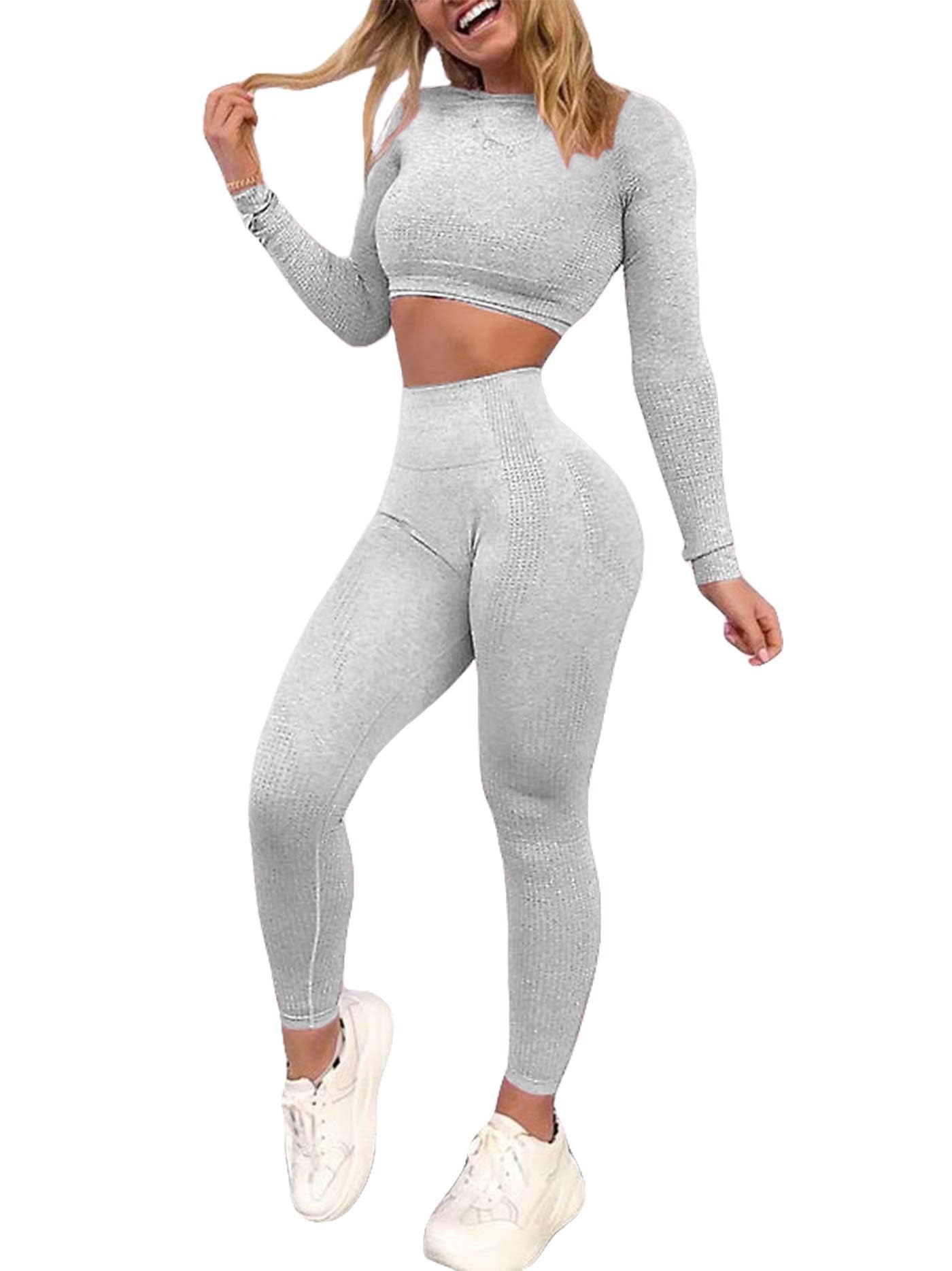 YOFITWomen's Workout Outfit 2 Pieces Seamless High Waist Yoga Leggings with Long Sleeve Crop Top Gym Clothes Set