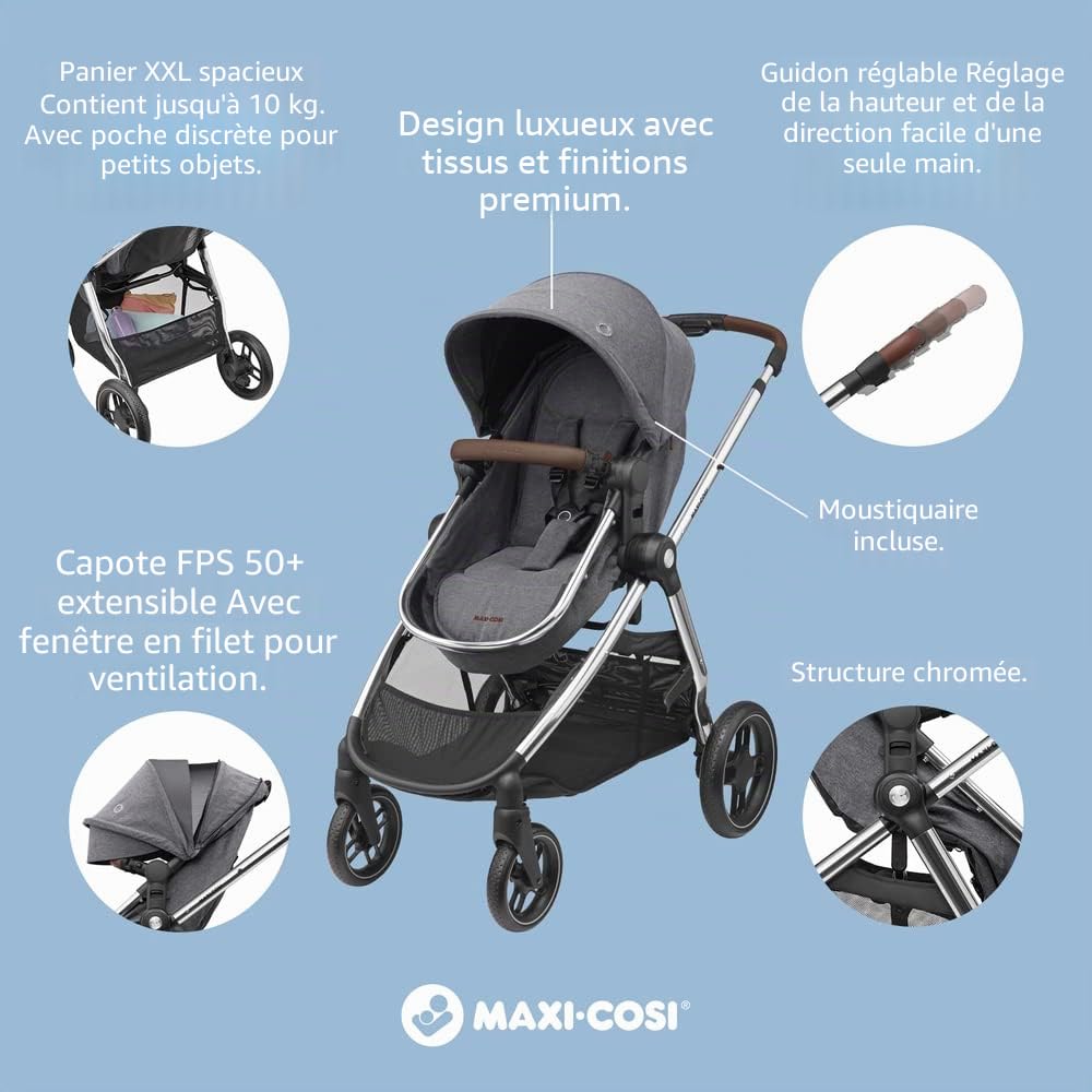 Maxi-Cosi Zelia Poussette Luxe 2 en 1, siège réversible, pliable à une main, convient dès la naissance jusqu'à environ 4 ans, 0 à 22 kg, gris Twillic