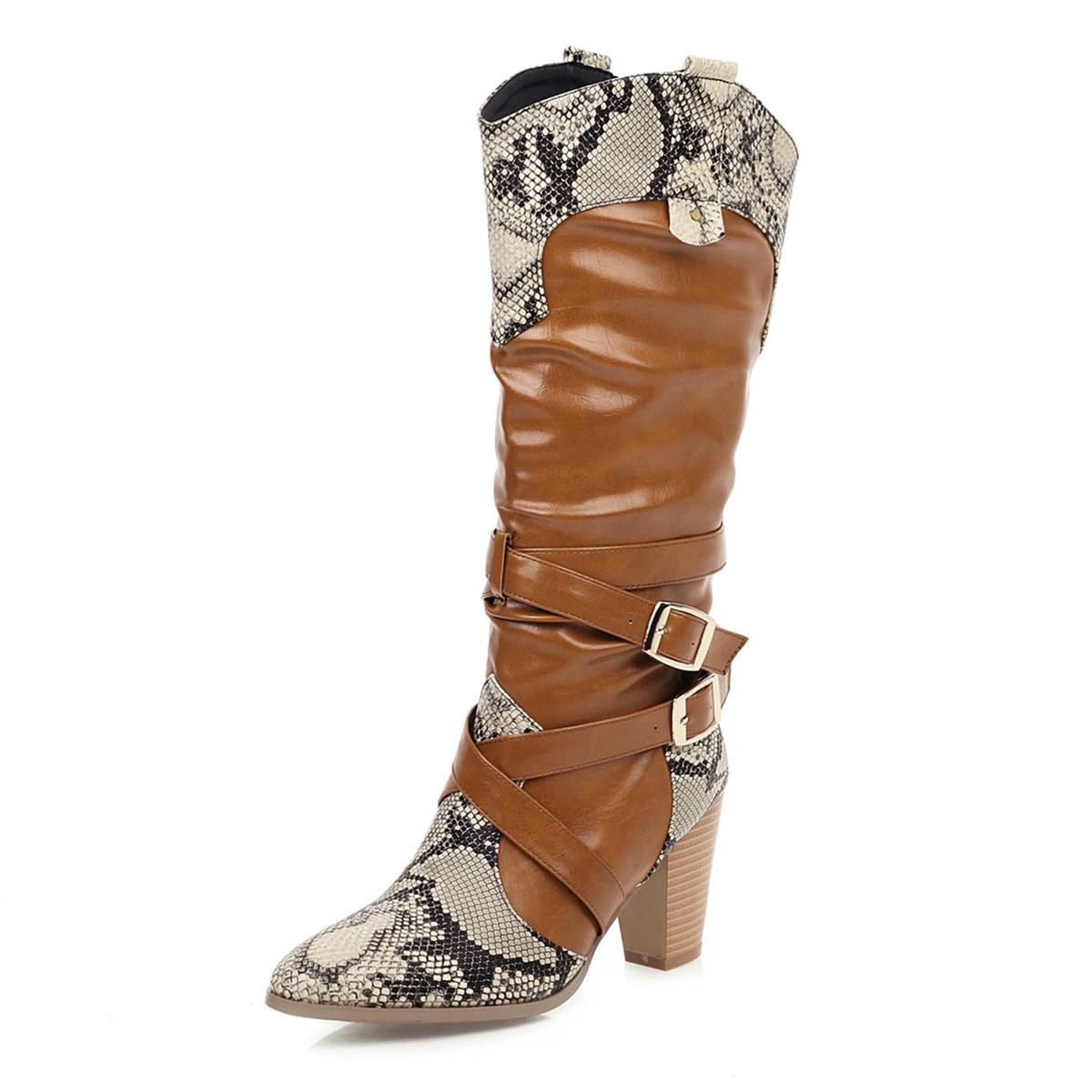 Womens Cowboy Knee High Slouchy Boots Pointed Toe Pull On Buckle Chunky Heels Tall Wide Calf Cowgirl Dressy