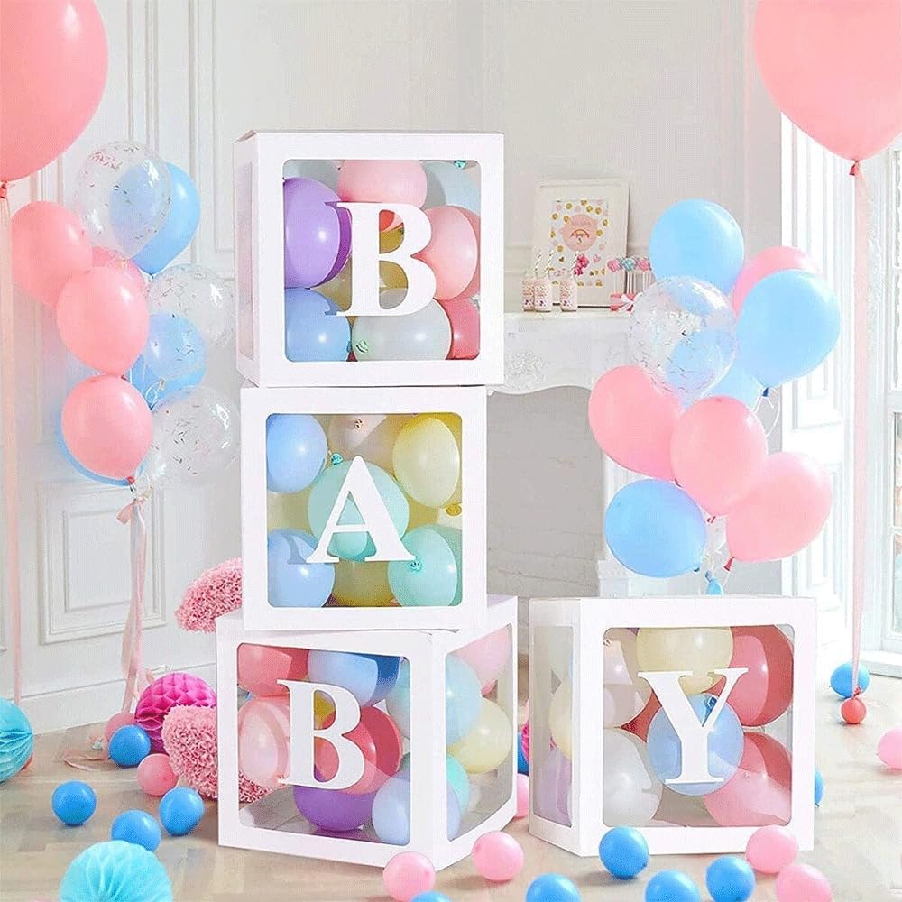 Pop The Party Paper Decorative Transparent White 4Pcs Baby Boxes With Baby Letters Party Decoration With 50Pcs Multi Color Pastle Balloons For Baby Shower, Birthday Party .