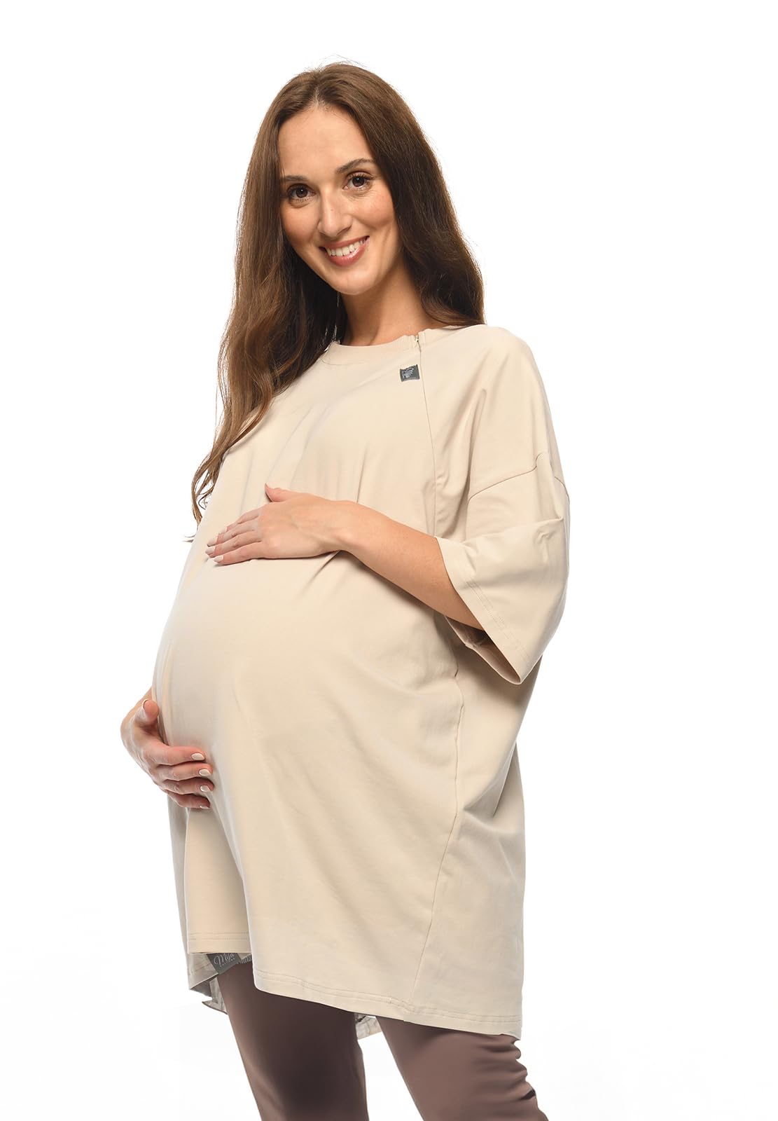 MijaCulture T-shirt 2 en 1 / Homewear / Chemise de nuit d'allaitement et de grossesse M024 Ambre (beige, L/XL)