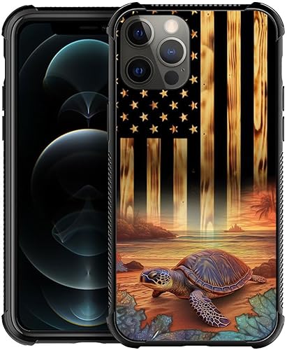 DAIZAG Funda compatible con iPhone 13, diseño de tortuga marina con bandera de grano de madera estadounidense para iPhone 13 Pro, funda de
