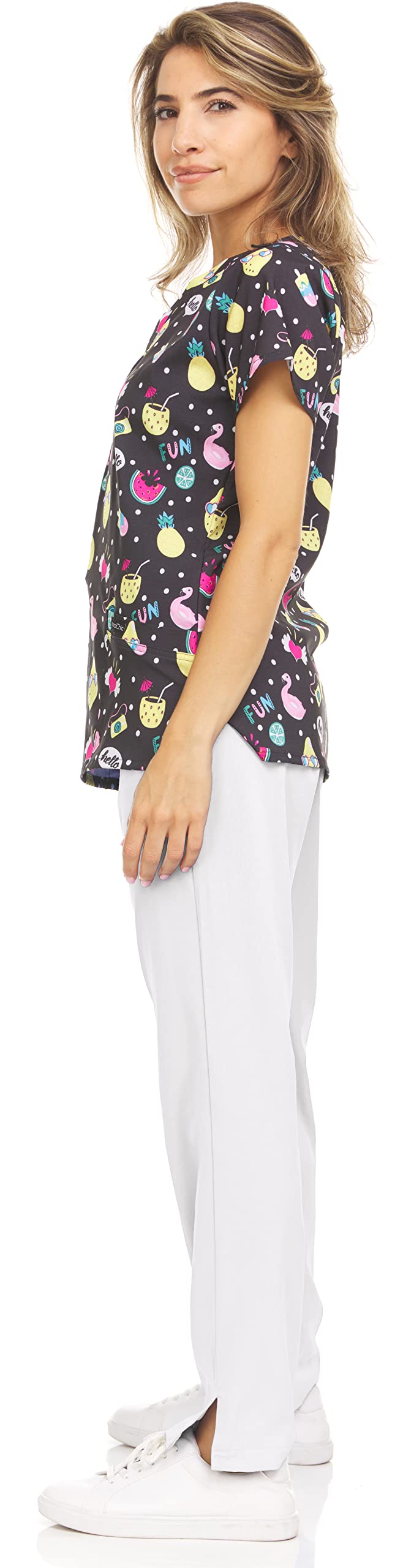 MediChic Women's Print Scrubs Workwear Set Medical Nursing Print Scrubs V-Neck Top and Straight Leg Pants Set