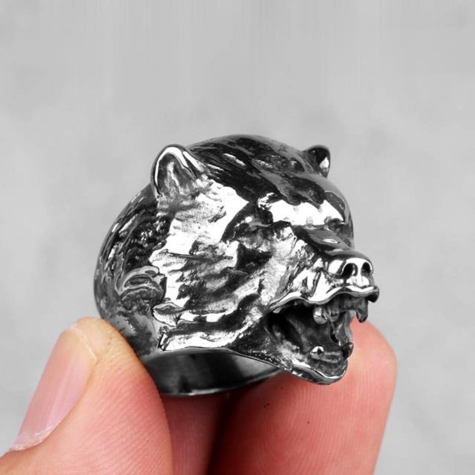 Xjruixi Men's Green Stainless Steel Rings Bear Animal Rock Punk Hip Hop Personality For Biker Boyfriend Jewelry Creativity Gift Wholesale