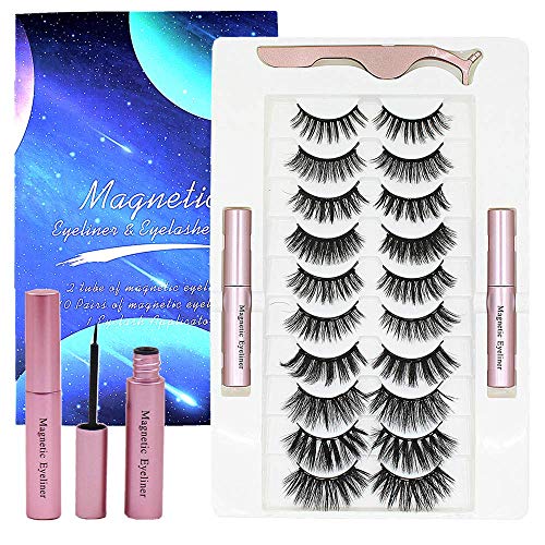 Magnetic eyelashes with eyeliner, 10 pairs of reusable fake magnetic Eyeliner and Lashes Kit mink, tweezers and eyeliner Set no glue needed