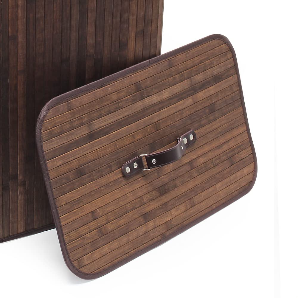 Wiltec Cesta ropa sucia 105 l plegable marrón de bambú cubo ropa sucia tapa removible con asa cesto ropa sucia con saco interior extraíble de lino con 2 compartimentos