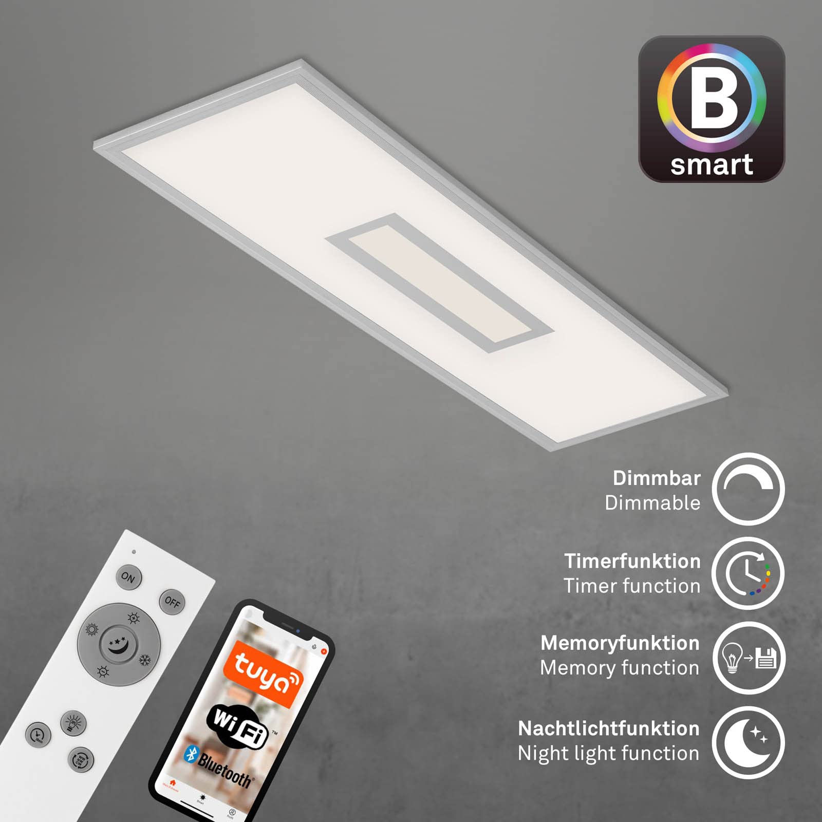 BRILONER - LED Deckenlampe flach Smart Home, funktioniert mit Alexa, buntes RGB+W Licht, Lampe, Deckenleuchte, Wohnzimmerlampe, LED Panel, Schlafzimmerlampe, 100x25x6 cm, Silberfarbig