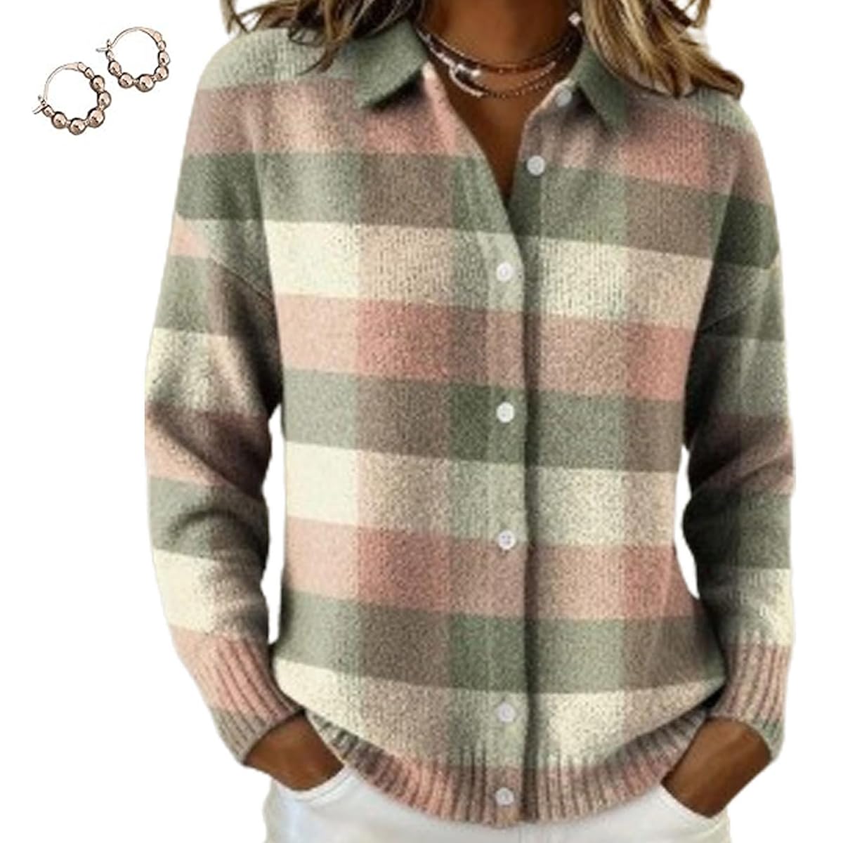 Womens Plaid Print Casual Cotton Buttoned Cardigan Sweater V Neck Button up Plaid Knitted Cropped Cardigan Sweater