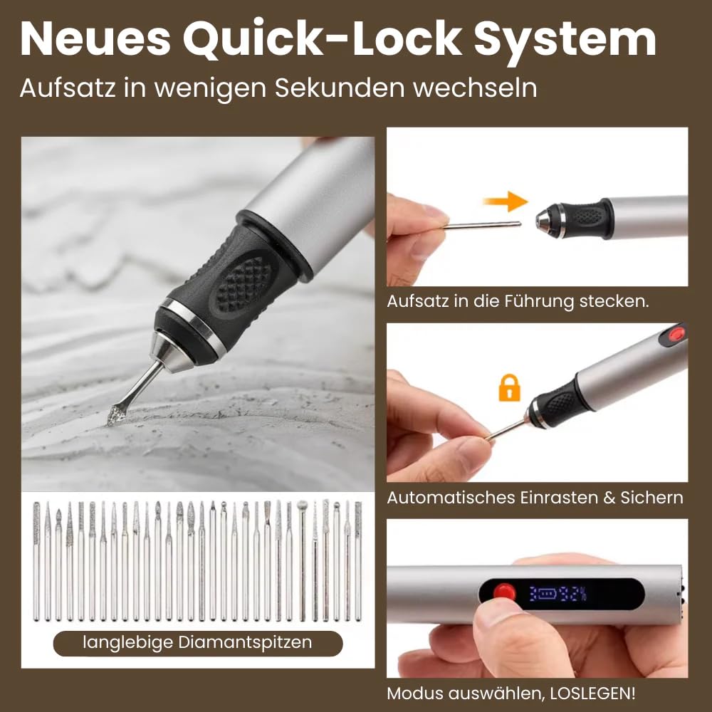 WerkStift PRO Ultimativer kabelloser tragbarer Gravierstift für Künstler, Heimwerker - über 50 Oberflächen gravierbar, anfängerfreundlich, wiederaufladbar, 30 Bits inklusive