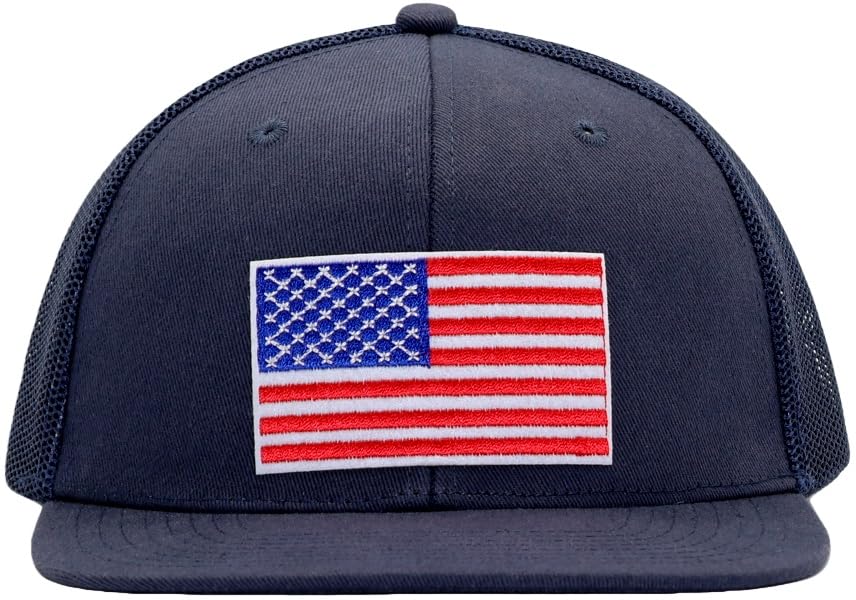 Image of Men Flat Bill USA Flag Mesh Hat Fits OSFM&XXL Head | Snapback Trucker Cap | 250th US Anniversary Veterans Memorial Day Gifts
