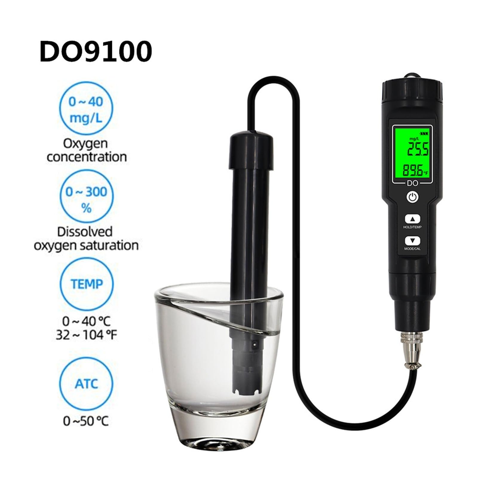 Medidor Digital de disolución (0,0-40,0 l/l), Resistente al Agua, ATC, 0,0-300,0% de oxígeno disuelto, Detector de Calidad del Agua.