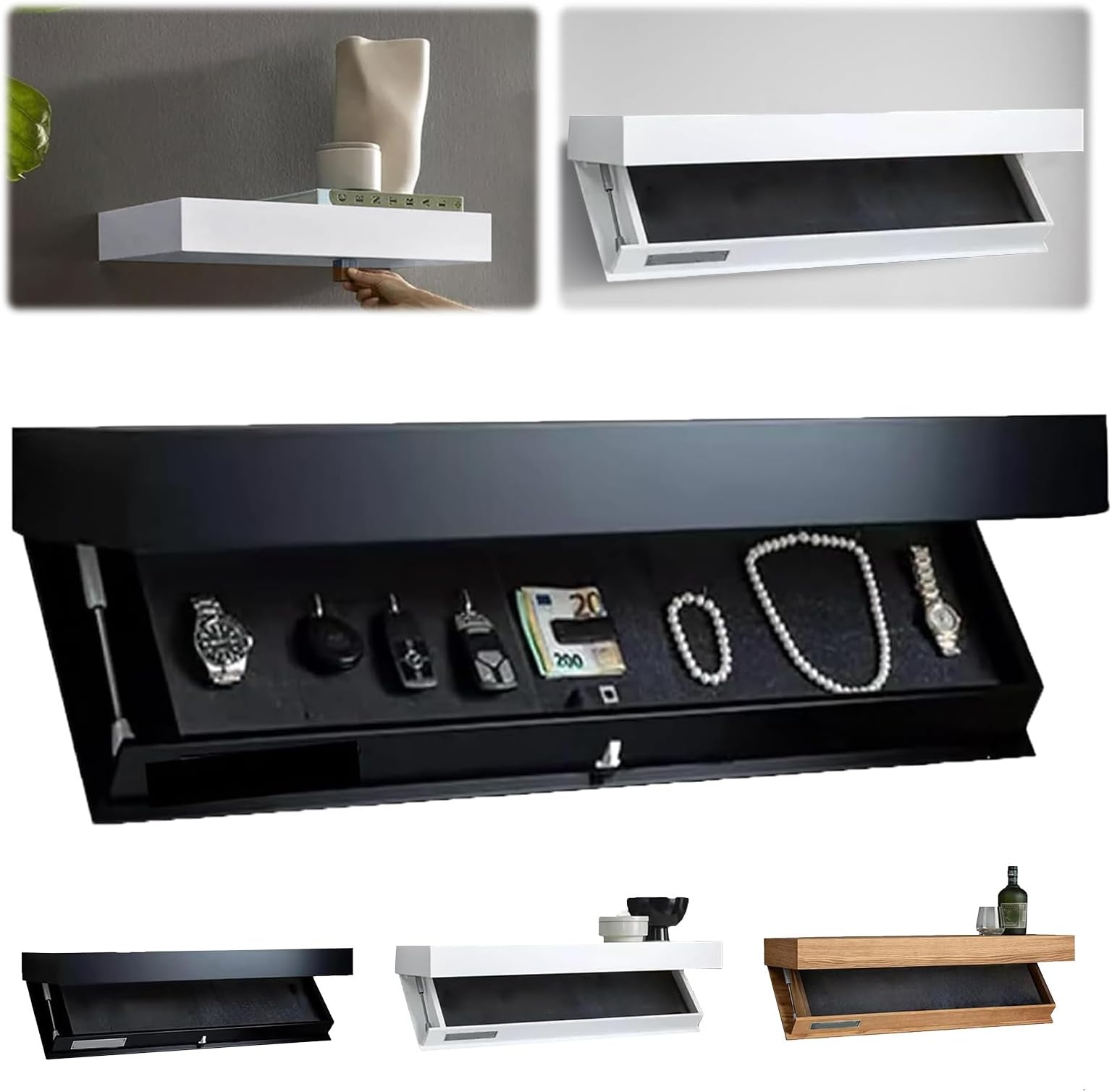 Concealed Floating Shelf with Secret Compartment Hidden Shelf Safe Hidden Storage Wall-Mounted Shelf Stylish Concealed Safe Valuables Ideal Living Room Office Bedroom (Black)