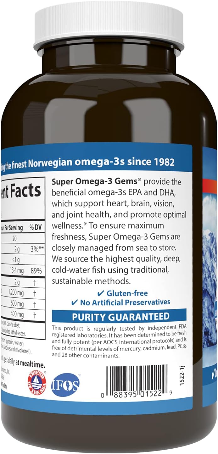 Carlson - Super Omega-3 Gems, 1200 mg Omega-3 Fatty Acids with EPA and DHA, Wild-Caught Norwegian Fish Oil Supplement, Sustainably Sourced Fish Oil Capsules, Omega 3 Supplements, 100+30 Softgels : Health & Household