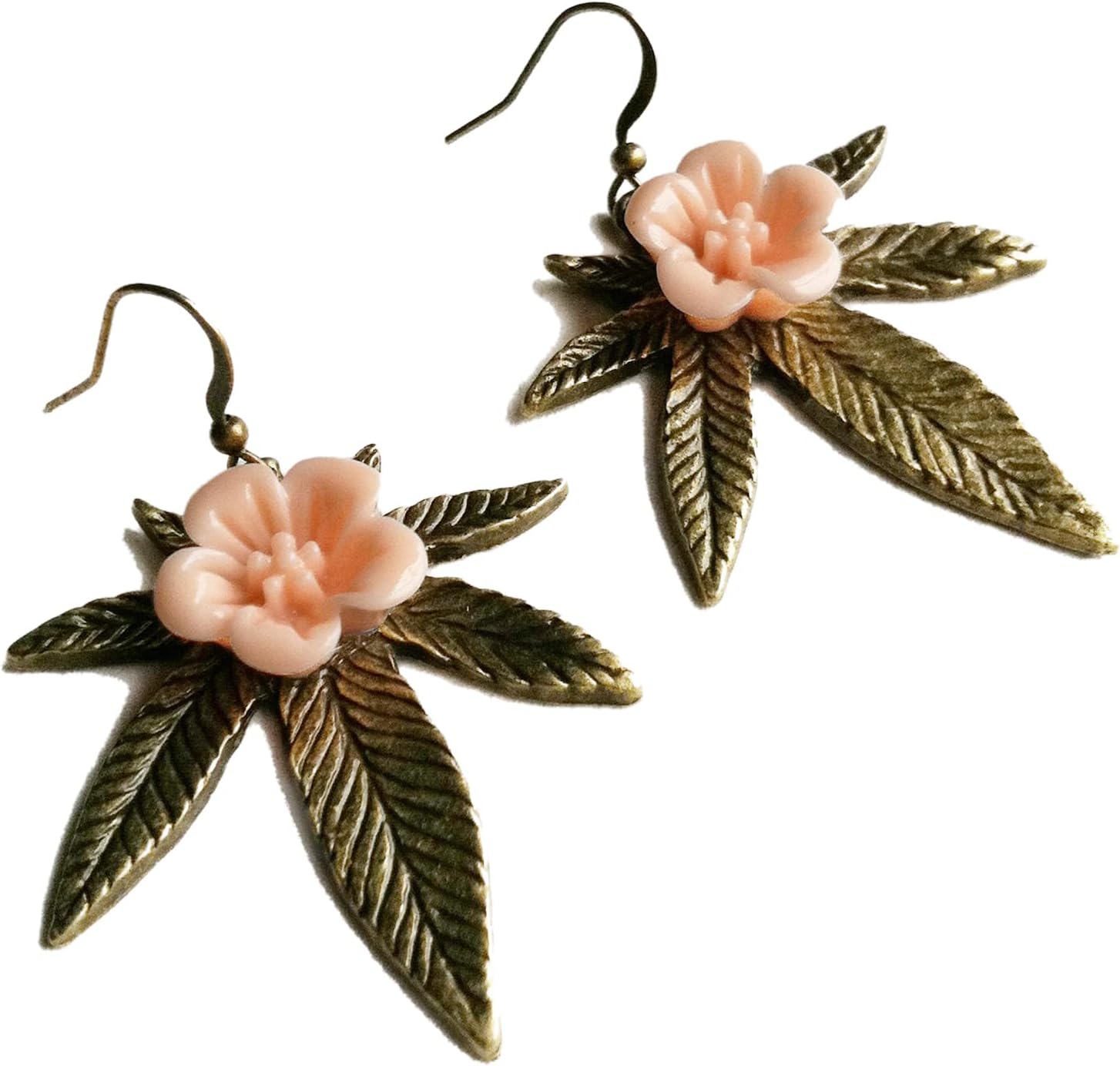 Marijuana Weed Pot Leaf Dangle Earring - Flower Peach Pink Bronze Girly Stoner Jewelry