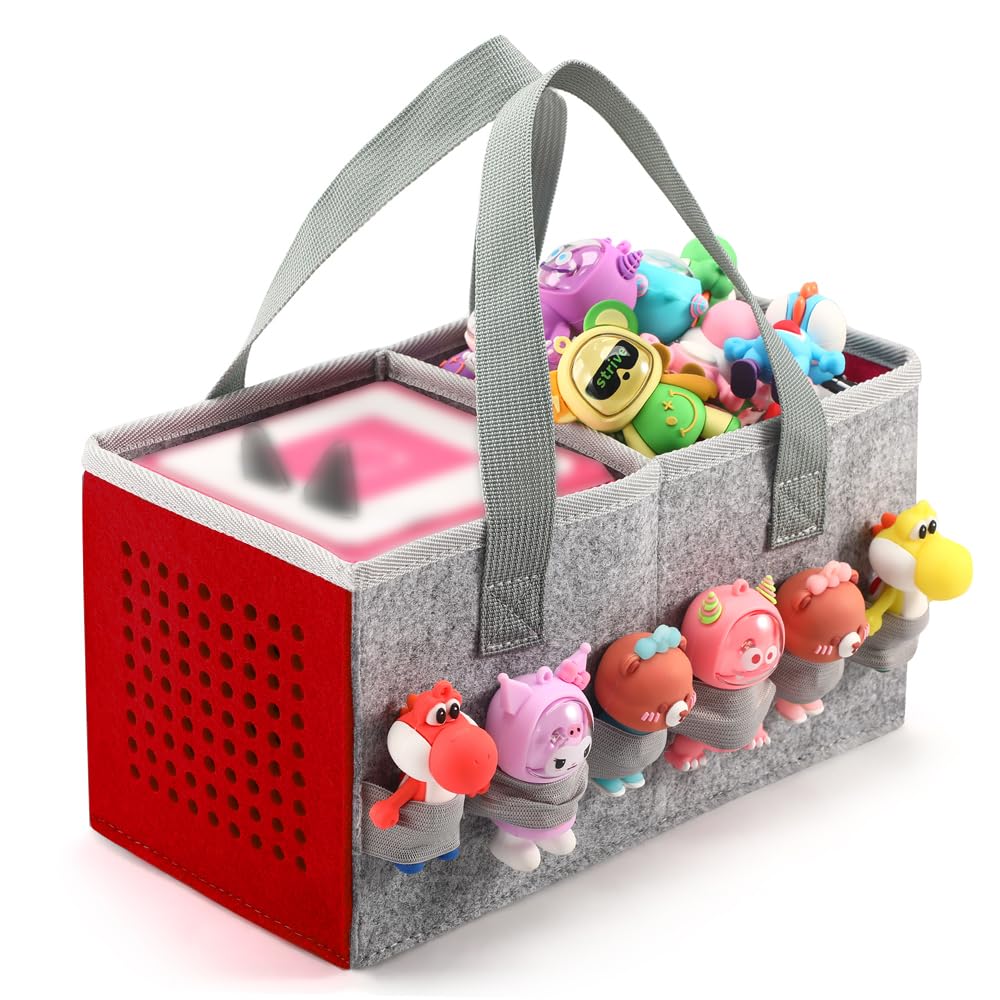 Seracle Carrying Case Travel Felt Bag Compatible with Toniebox 1/2 Audio Player Starter Set and Tonies Figurine (Gray+Red)