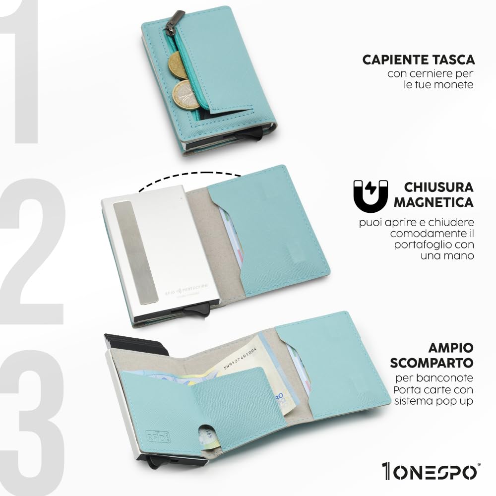 MAGNETIC Porta Carte di Credito Donna VERA PELLE - Portafoglio donna piccolo con Portamonete e Contanti -Porta tessere e documenti - Portacarte protezione RFID, SAFFIANO Acqua Marina