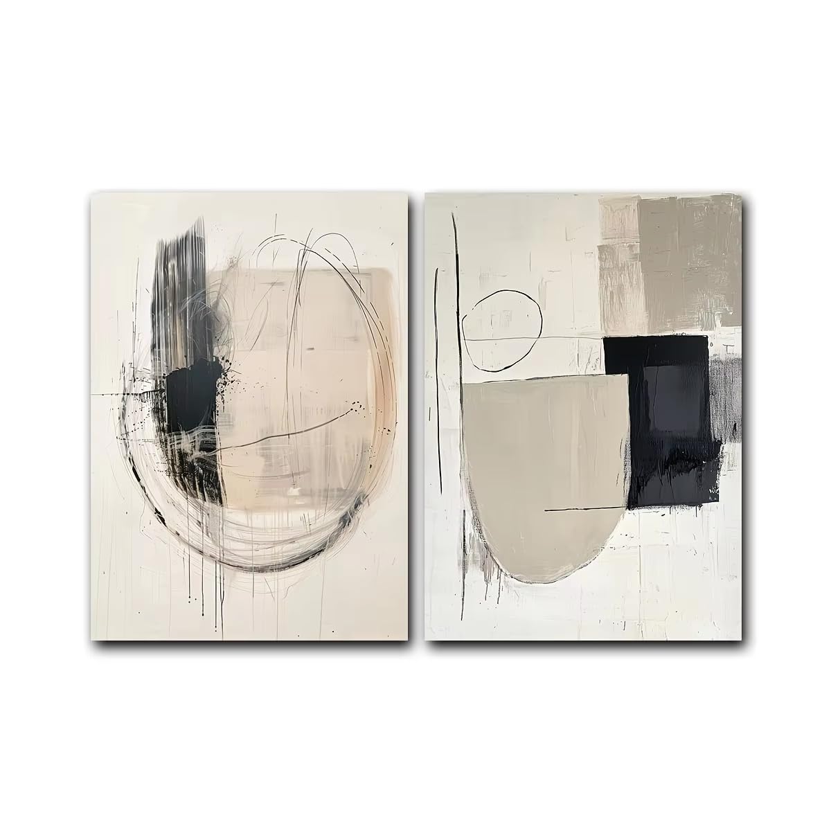 AEFOUU 2pcs Minimalist Round Geometric Abstract Wall Art Poster Black and Beige Neutral Wall Posters Living Room Bedroom Decor(30x42cm/12x17in/Frameless)