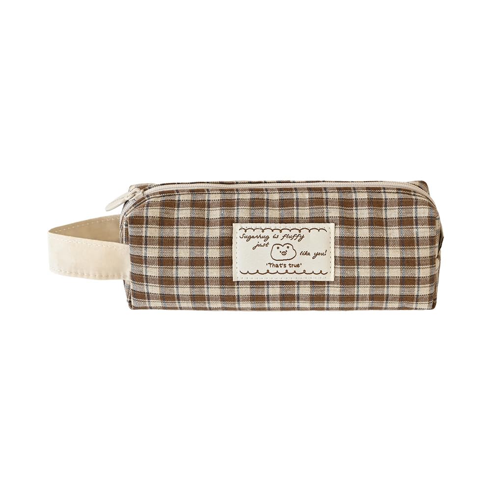 Monolike Unmatched Friends Fabric Check Block Pencil Case, Vintage brown - Aesthetic Gingham Pastel Desk Organizer, Soft Padded Makeup Brush Case, Trendy Minimalist Stationery Pouch