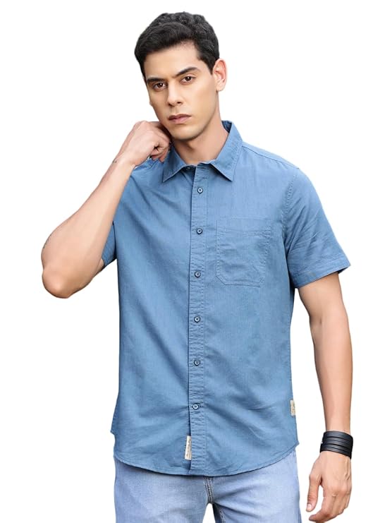 Thomas Scott Men's Solid Half Sleeve Regular Fit Premium Irish Linen Spread Collar Casual Shirt