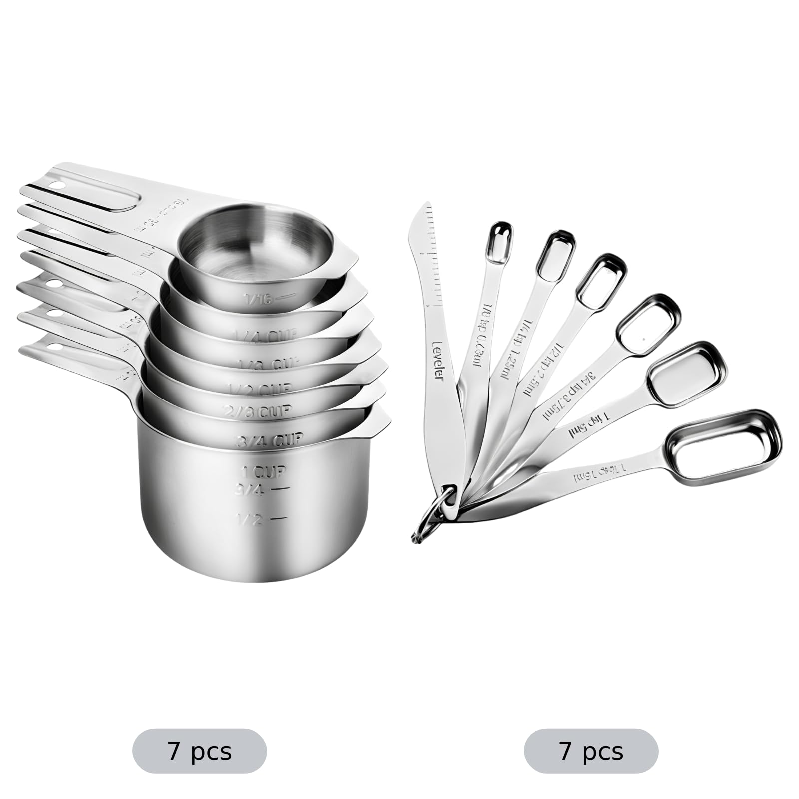 14-teiliges Messbecher- und Messlöffel-Set aus Edelstahl, 8,1 oz Becher und 0,5 oz Löffel, Nivellierer und Maßangaben für Küche und Backen, doppelt graviert für trockene und flüssige Zutaten