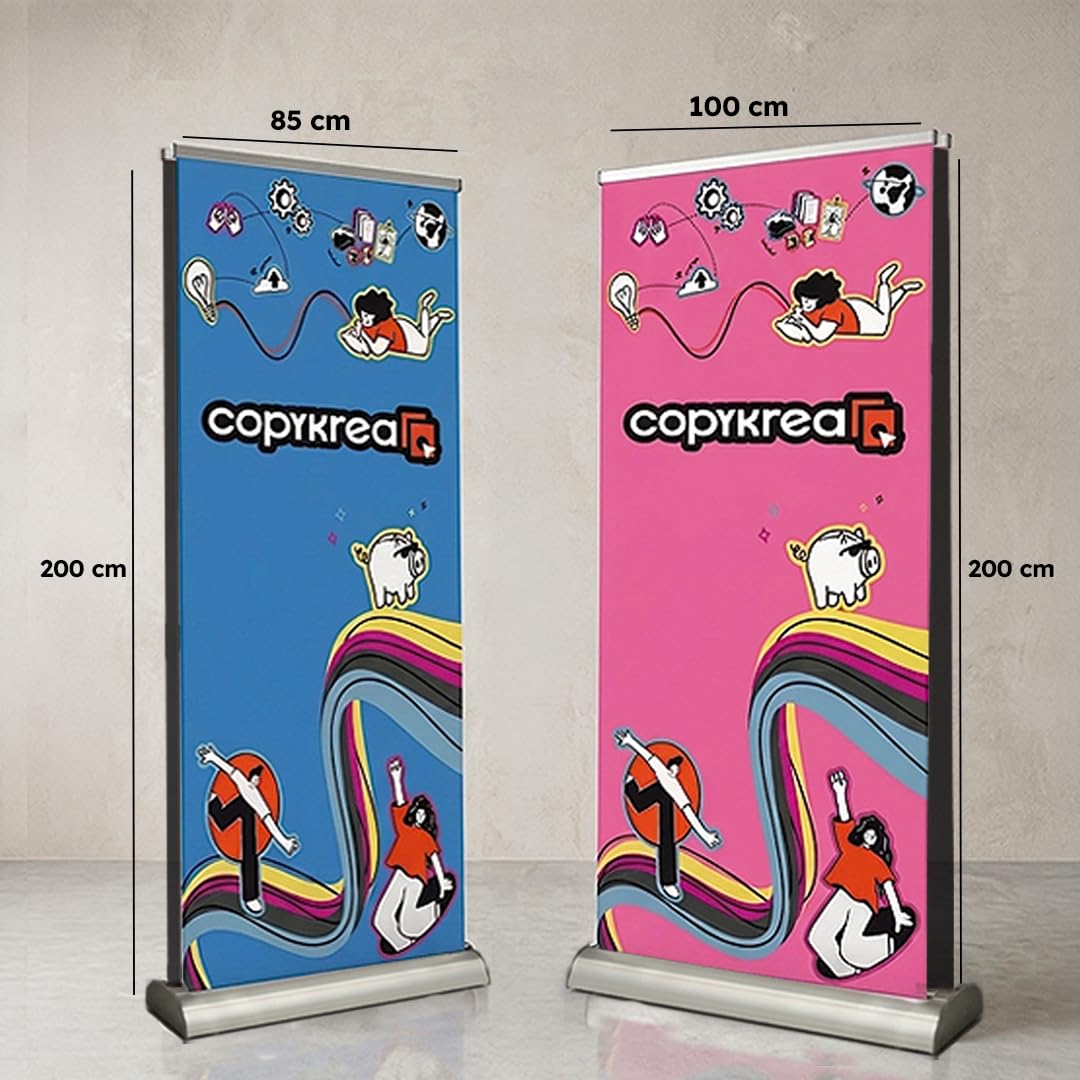Roll up personalizado doble cara | Expositor publicitario retráctil con impresión incluida por los dos lados de 85x200 cm | Estructura en plateado + funda de transporte