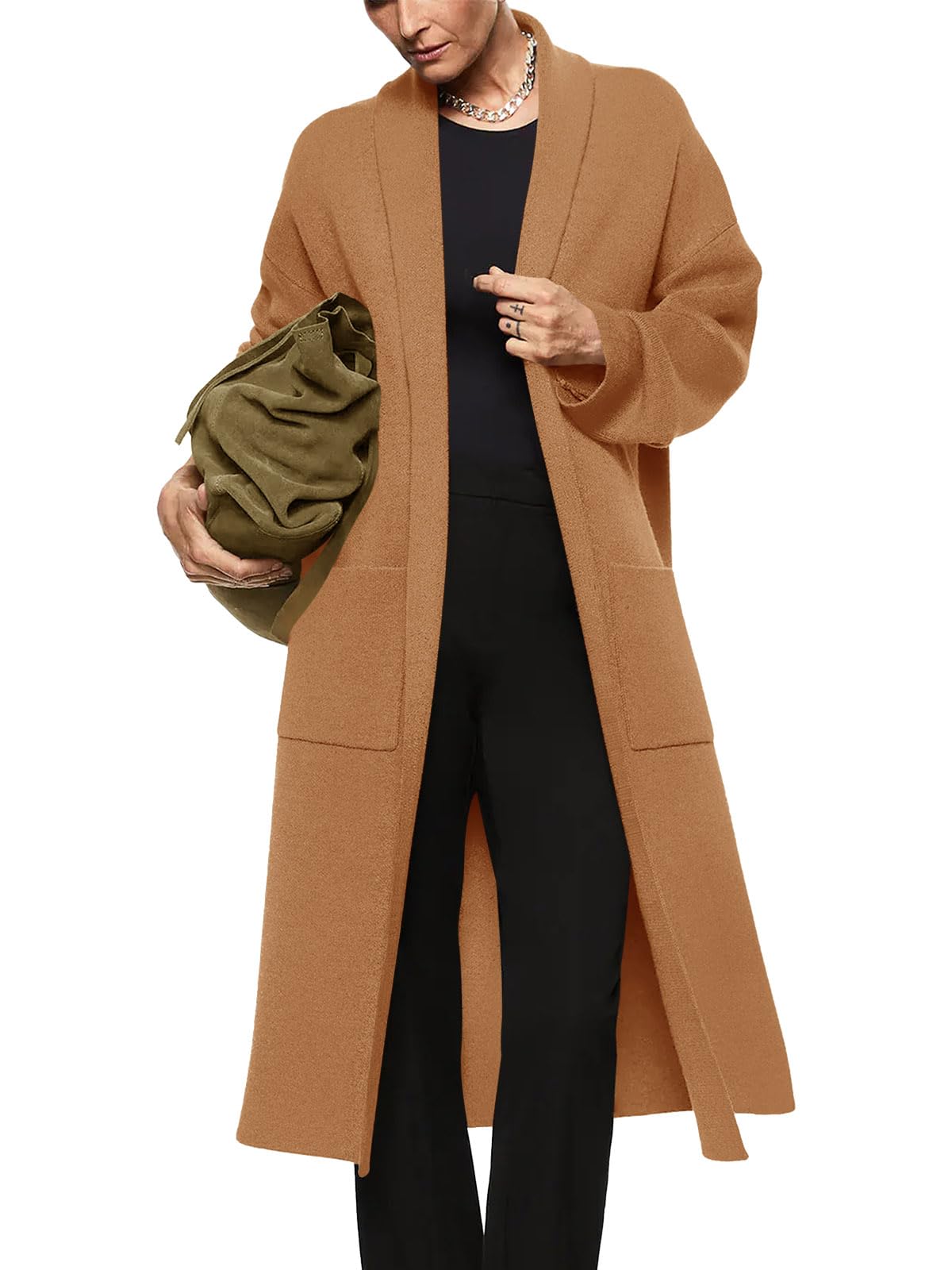 Langärmeliger Maxi-Cardigan für Damen, offene Vorderseite, übergroßer Strickpullover, lässiger Revers, warmer Mantel mit Taschen