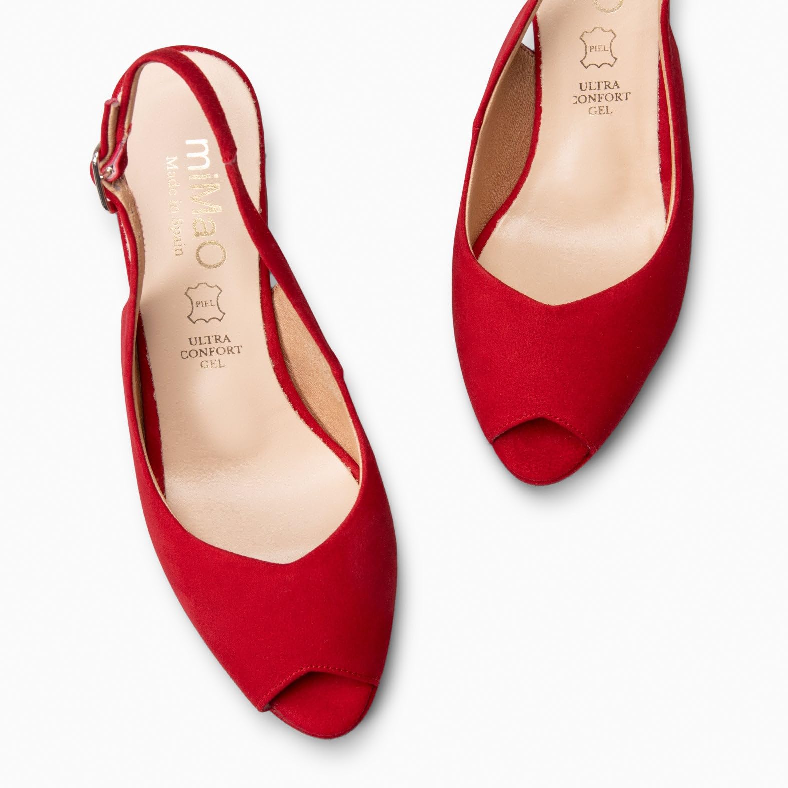 miMaO. Zapatos de Piel y tacón Alto Peeptoes. Tacones cómodos con Plantilla de Gel. Hecho en España
