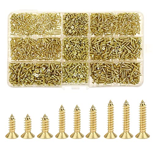 ZXShow 1800 STÜCKE Kleine Schraube Set Kleine Selbstschneidende Schrauben Holzschraub Flachkopf Holzschraub Klein Set M2 M2.3 M2.5 Kleine Schraube Flachkopf (Gold) Cover