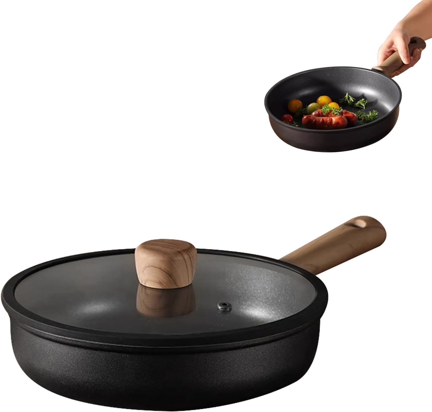 Titanium Pans for Cooking, Non Stick Titanium Deep Frying Pan, Durable Scratch-Resistant Nonstick Skillet, Even Heating Frying Pans, Compatible With All Cooktops,With lid,9.45IN