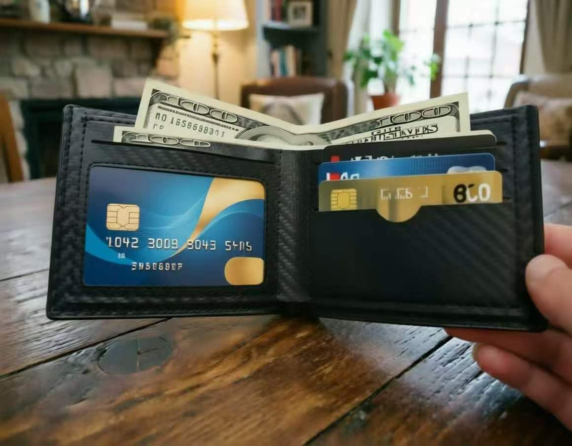 Classic thin charcoal fiber black men's wallet, suitable for various occasions, easy to carry, can safely store cash and credit cards. zipperless (carbon fiber black)