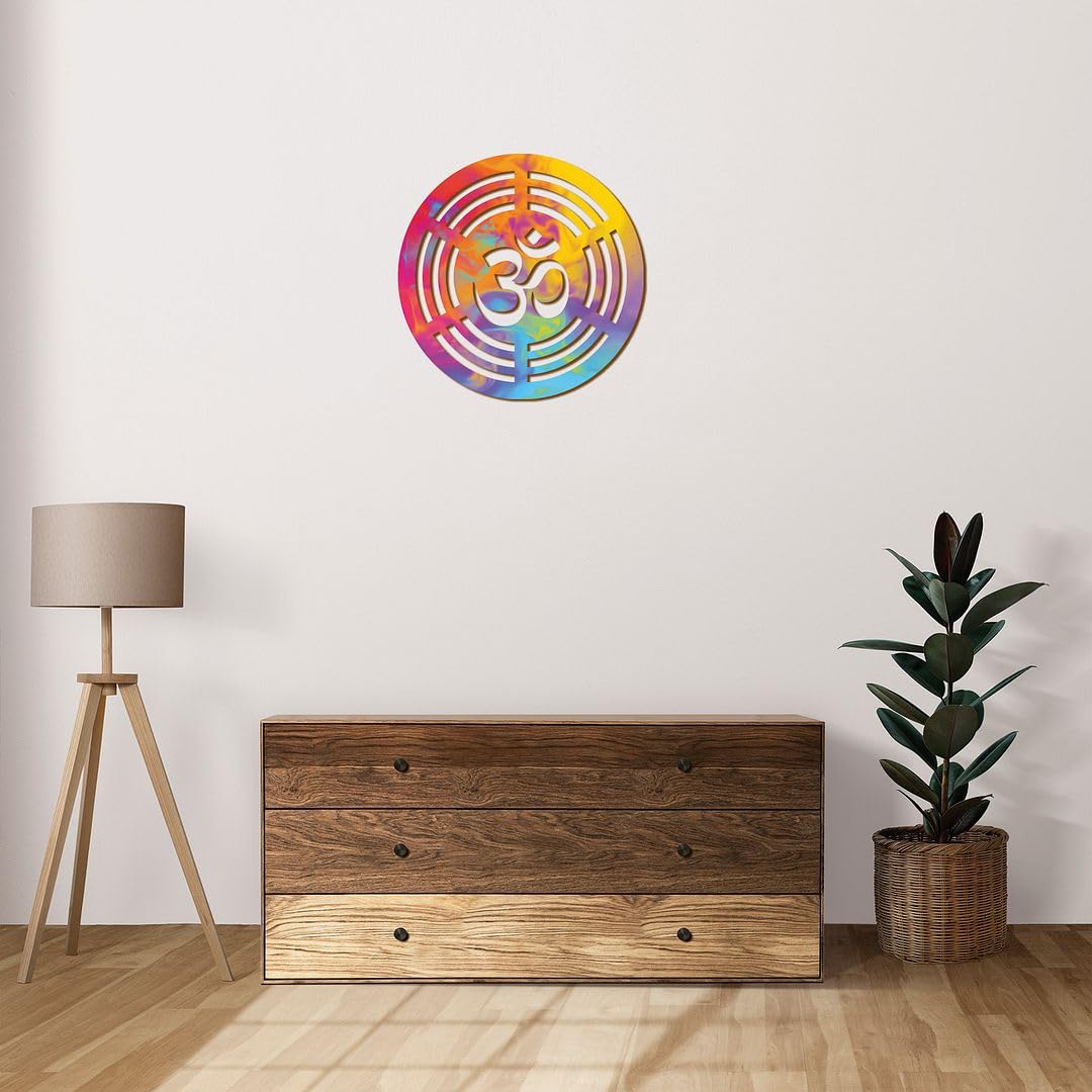 CVANU Wooden Om Symbol Mandala Pattern Laser Cutting Self-Adhesive Wall Hanging for Home & Entrance Decor (12inX12in)_202310-W12