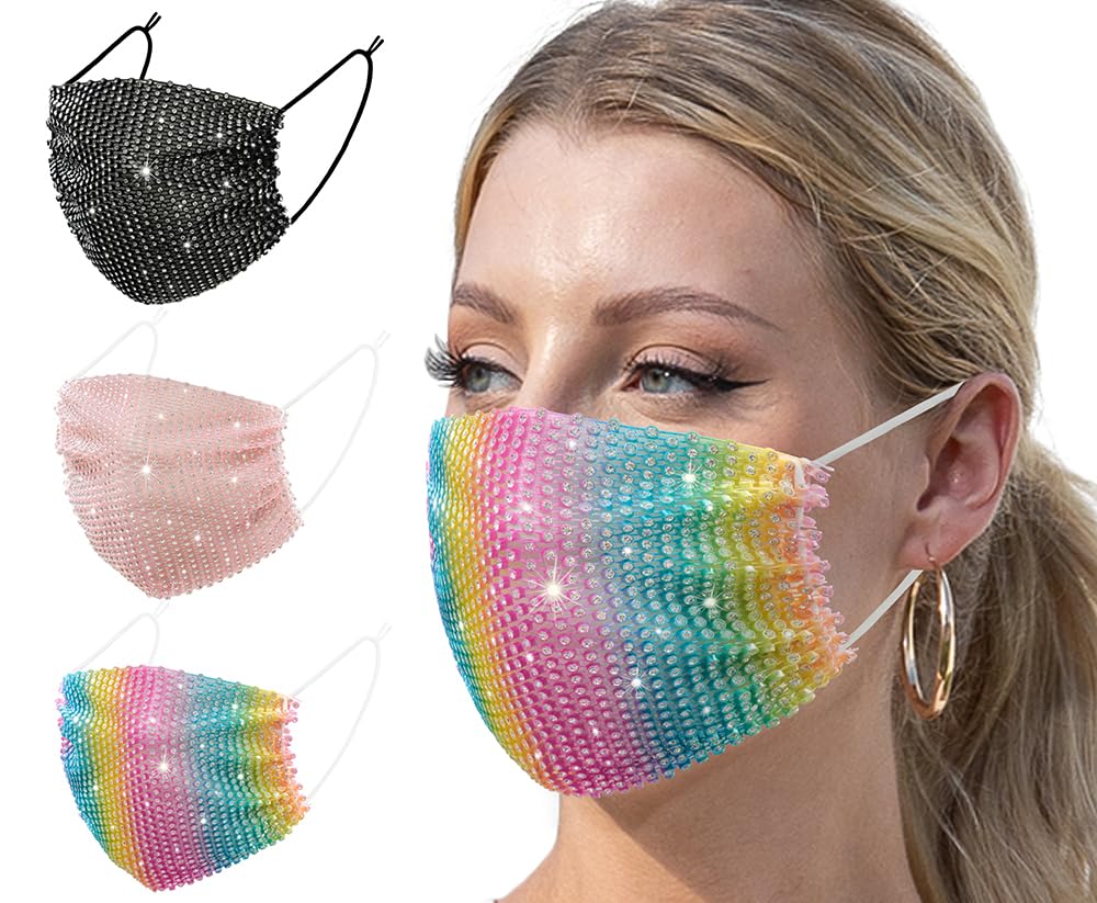 3 Pcs Multi Color Adult Mesh Breathable Face Mask Halloween Christmas Water Sparkling Sequin Mask Adorned with Sparkling Rhinestones Face Covering for Adult Women Christmas and Halloween Gifts