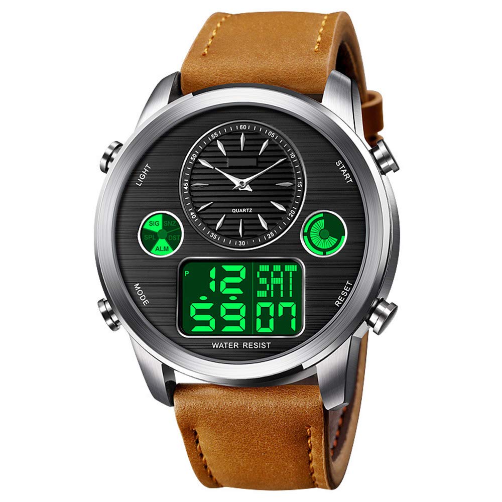 VIGOROSO Men's Luxury Analog Digital Alarm Watches Casual Leather Strap Chronograph World Time LED Date Wrist Watch Fashion Army Military Sport Watch