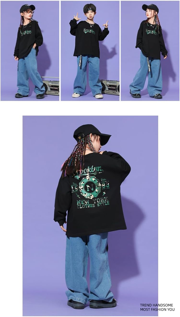 Irsutey Toddler Boys Girls 2 Pcs Outfits Hip-pop Dance Costumes Letter Print Top Wide Leg Jeans Sets