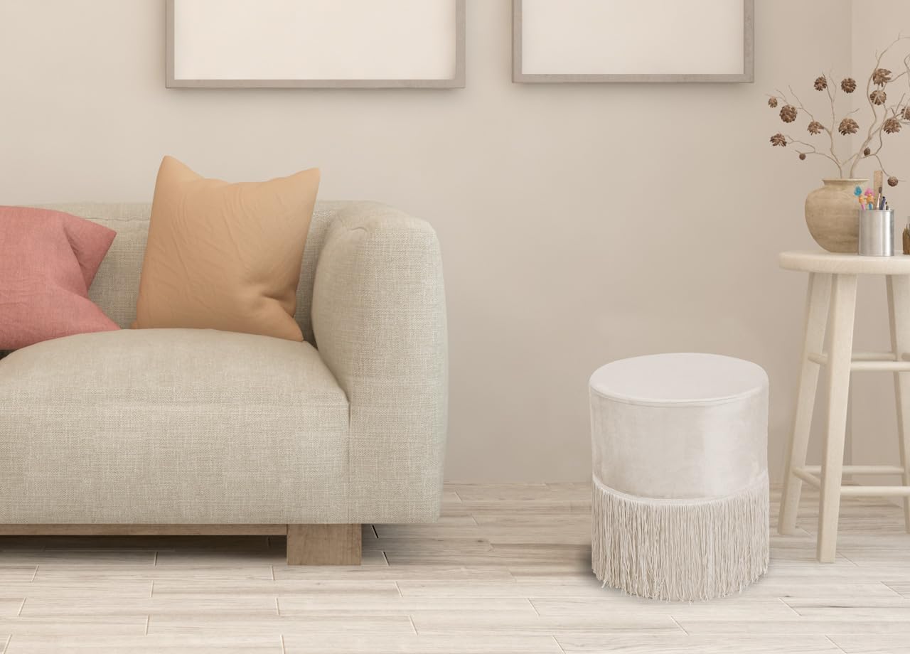 BIANCHERIAWEB Pouf Salotto/Camera con Frangette Imbottito Modello Velvet Malibù Tinta Unita Pouf Beige