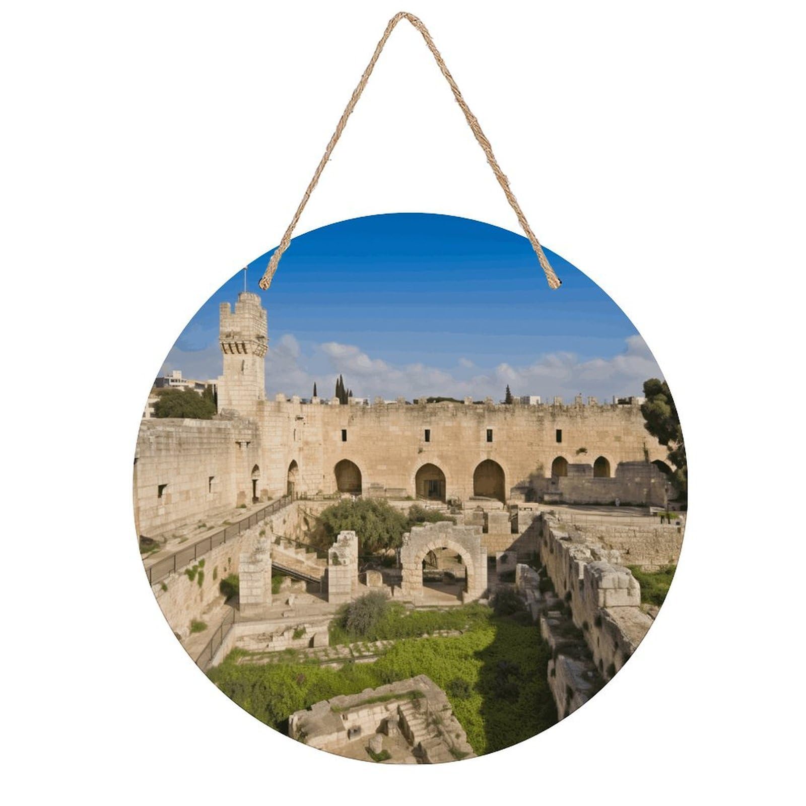 VstaDank Israel at The Tower of David Wall Art Decor with Ropes Wooden Hanging Sign Hanging Wall Decor Artwork Round Wood Painting Modern Wall Prints Decor Picture for Office Bar Home Decors