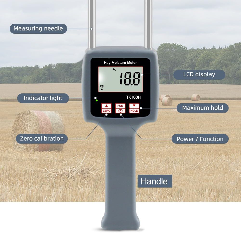 FACAIIO TK100H - Medidor de humedad de heno portátil, pantalla LCD retroiluminada, precisión basada en la conductividad para compensación automática de temperatura