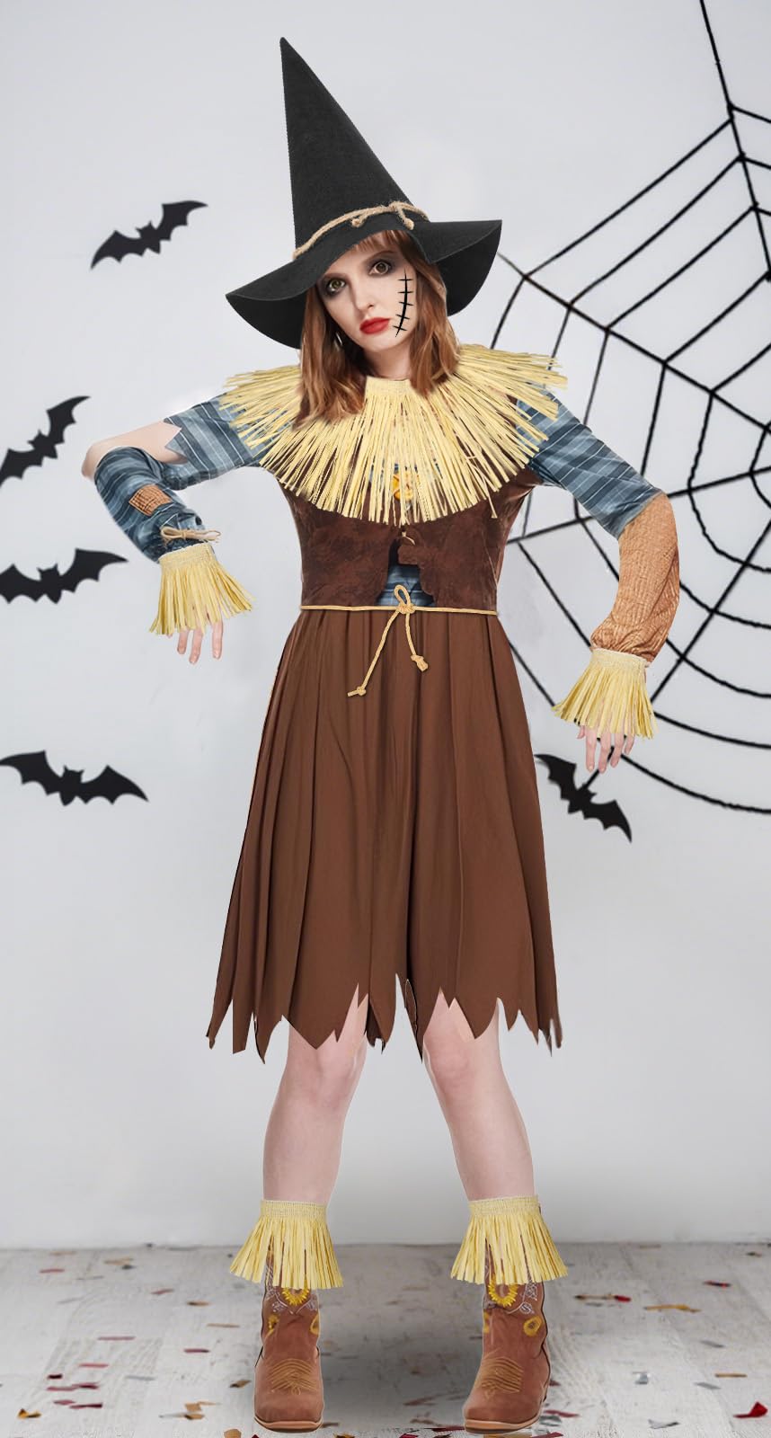 Spinosaurus 7pcs Scarecrow Costume Accessories for Adults,Kids,Scarecrow Hat,Straw Skirt,Straw cape for Halloween Dress Up - Image 3