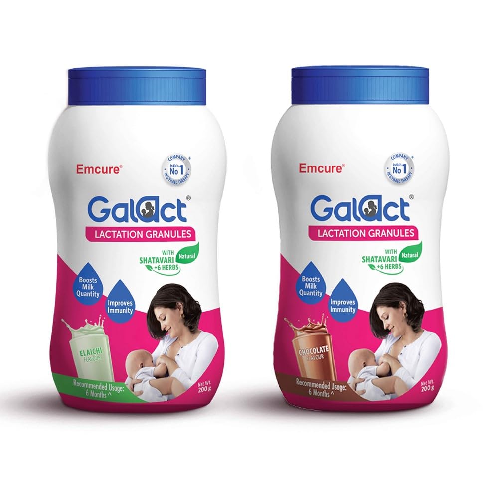 Emcure Galact Granules - Breast Feeding Supplement – Increase Milk supply - Lactation Supplement - Elaichi & Chocolate Flavor – 200G Each