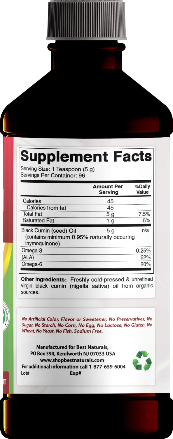 Best Naturals Black Seed Oil - Minimum 0.95% Thymoquinone (TQ) - Cold Pressed Nigella Sativa Aids in Digestive Health, Immune Support, Brain Function, Joint Mobility, Gluten Free, Non GMO - 16 OZ — Amazon image 2